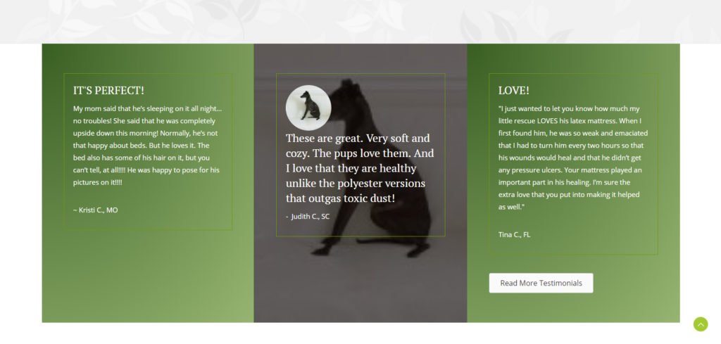 Image of three customer testimonials displayed side by side on the homepage for All Natural Dog Beds.