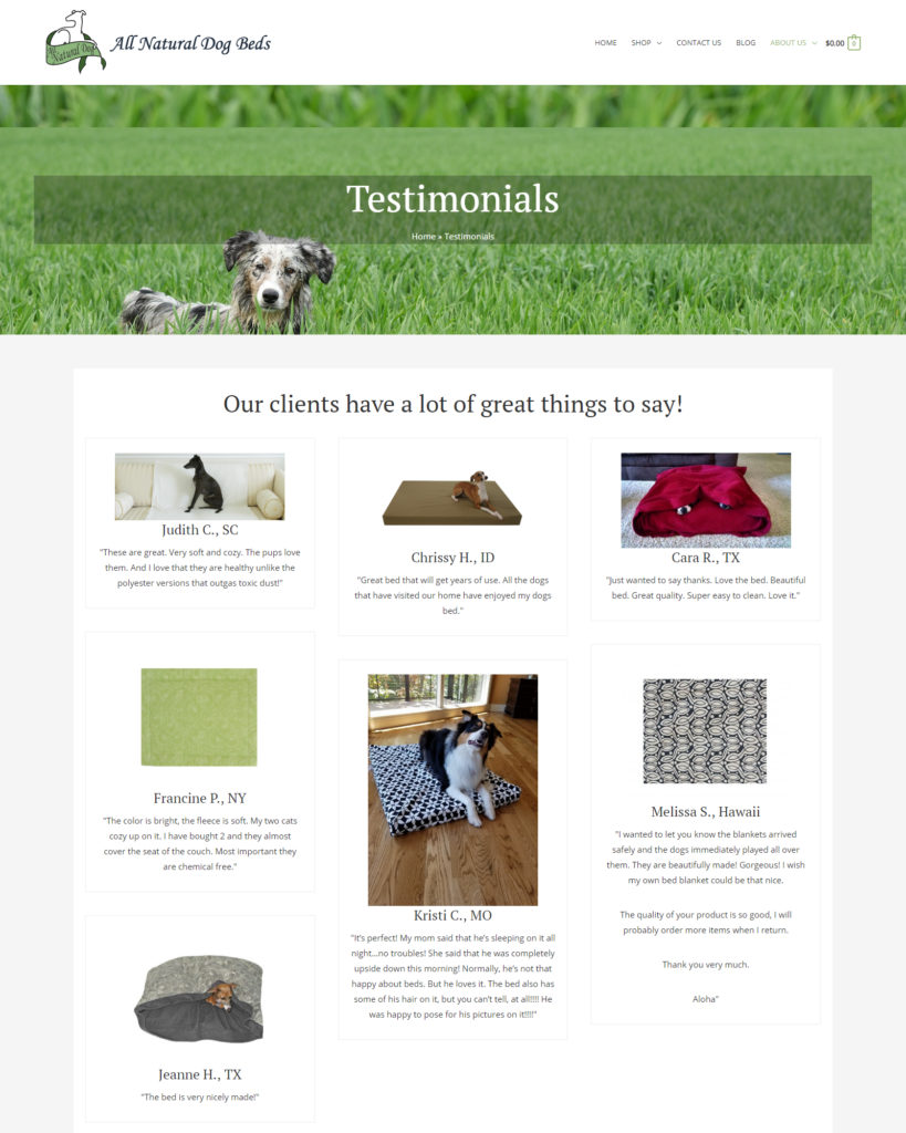 Image of customer testimonials page from the website for All Natural Dog Beds.